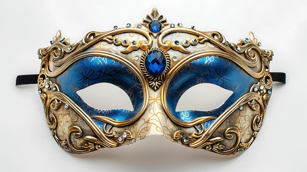 A gold and blue masquerade mask with jewels and filigree details isolated on white background