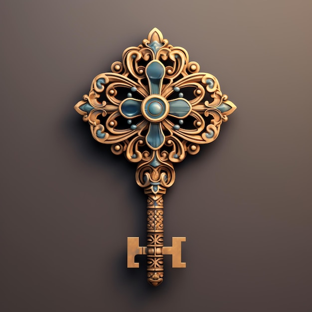 a gold and blue ornate key