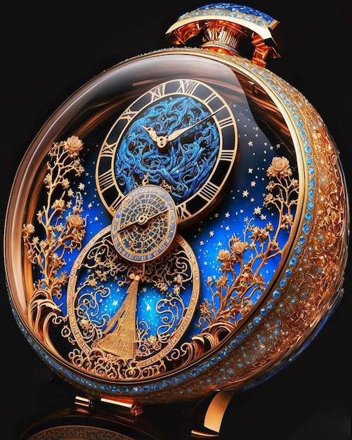 A gold and blue pocket watch with the time of 12 : 05.