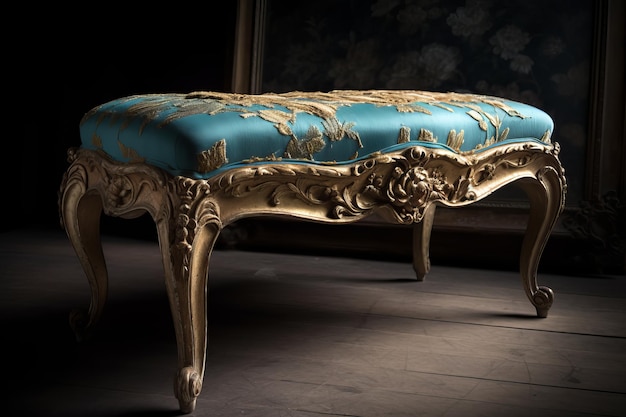 A gold and blue table with a blue cushion