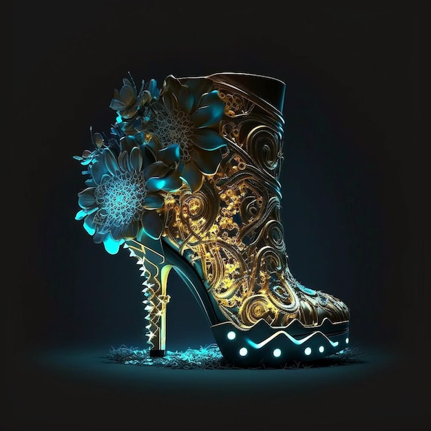 A gold boot with flowers on it is lit up in the dark.