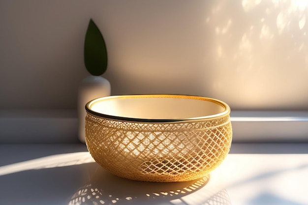 a gold bowl is sitting on a window sill with a plant in the background.