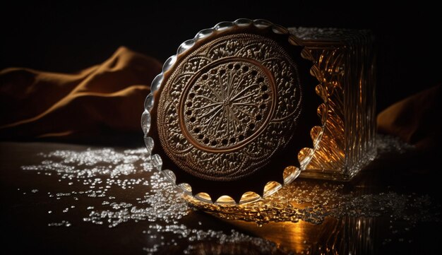 A gold box with a gold decoration sits on a table with a pile of salt on it.