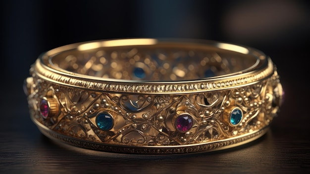 A gold bracelet with a blue and purple stone on the side.