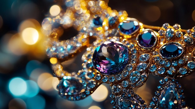 a gold bracelet with a diamond and sapphires on it