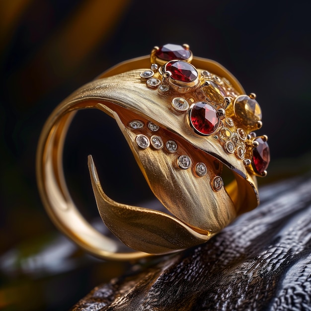 a gold bracelet with red gems and diamonds on it