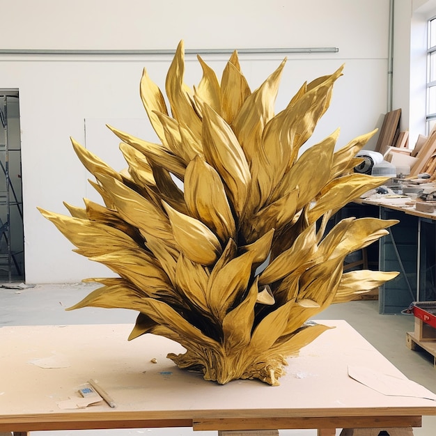 A gold bronze tree leaves sculpture