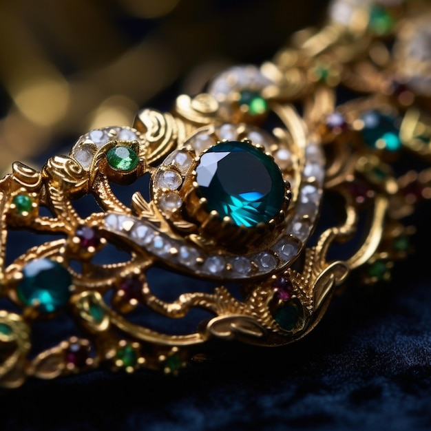 a gold brooch with a blue and green diamond and emeralds.