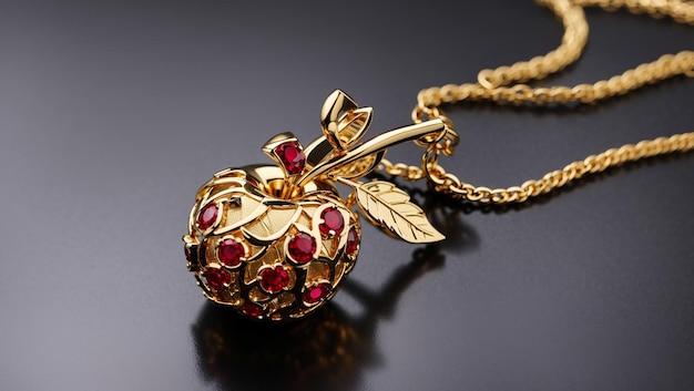 a gold brooch with a red stone and a gold leaf