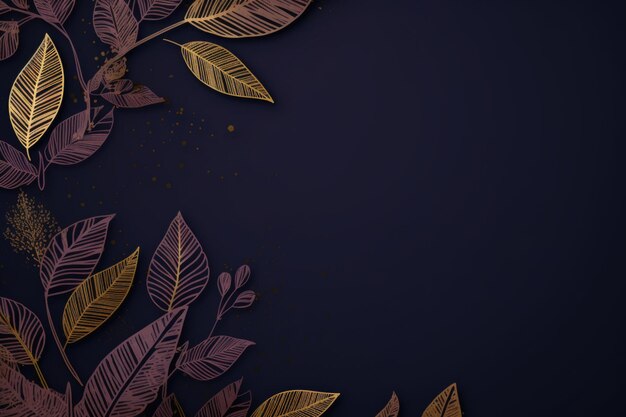 gold brown leaves navy blue background with copy space