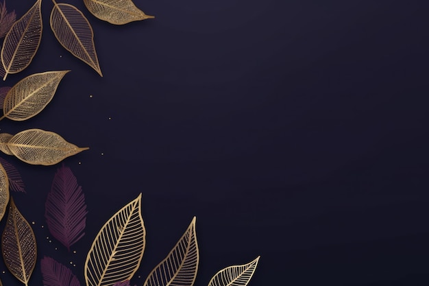 gold brown leaves navy blue background with copy space