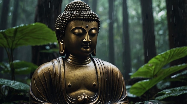 Photo a gold buddha statue in the rain with trees in the background