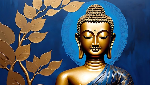 a gold buddha statue with blue background