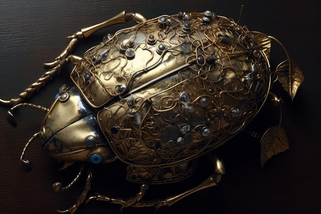 A gold bug with a blue tag on it is from the collection of the museum of fine arts.