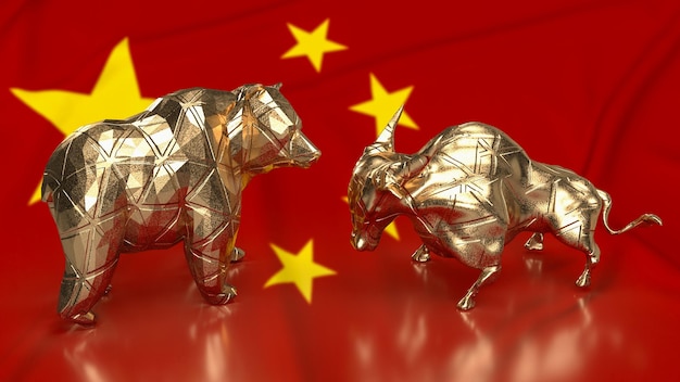 The gold bull and bear on Chinese flag for business concept 3d rendering