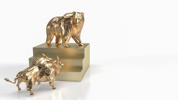 The gold bull and bear on stairs for business concept 3d rendering