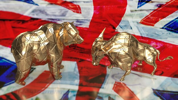 The gold bull bear on uk flag for business concept 3d rendering