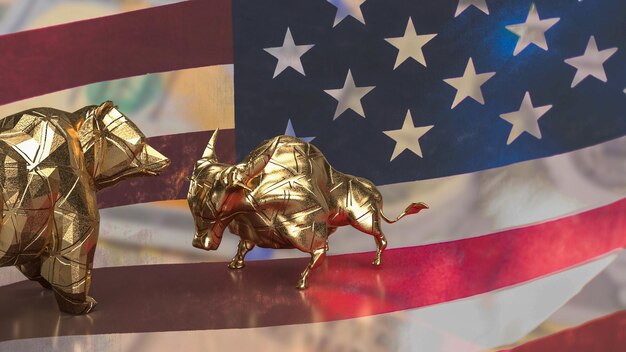 The gold bull bear on Usa flag for business concept 3d renderingxA