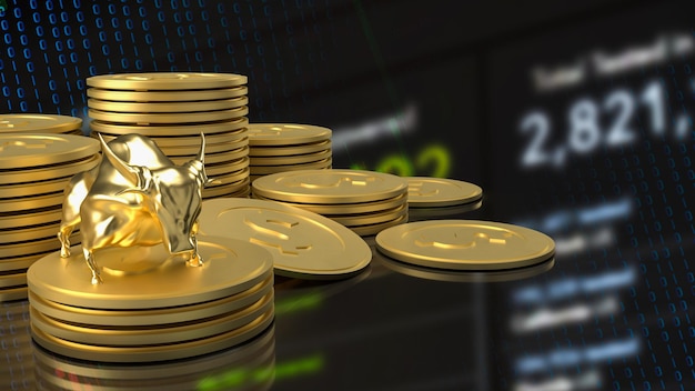 The gold bull and coins for business concept 3d rendering