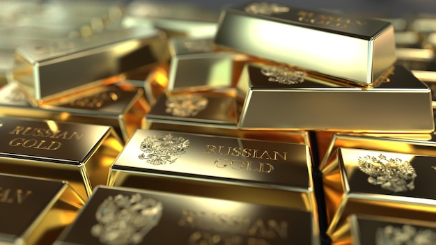 Gold in bullion in a large volume of the inscription Russian gold gold fund 3d render