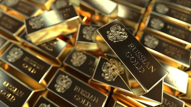 Gold in bullion in a large volume of the inscription Russian gold gold fund 3d render