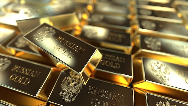 Gold in bullion in a large volume of the inscription Russian gold gold fund 3d render