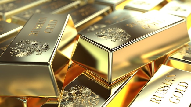 Gold in bullion in a large volume of the inscription Russian gold gold fund 3d render