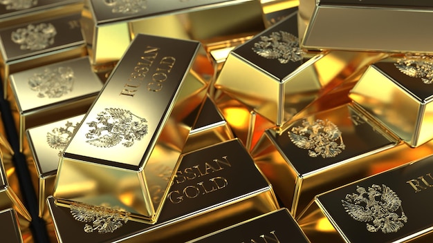 Gold in bullion in a large volume of the inscription Russian gold gold fund 3d render