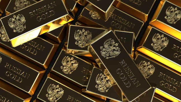 Gold in bullion in a large volume of the inscription Russian gold gold fund 3d render