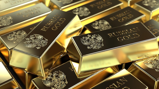 Gold in bullion in a large volume of the inscription Russian gold gold fund 3d render