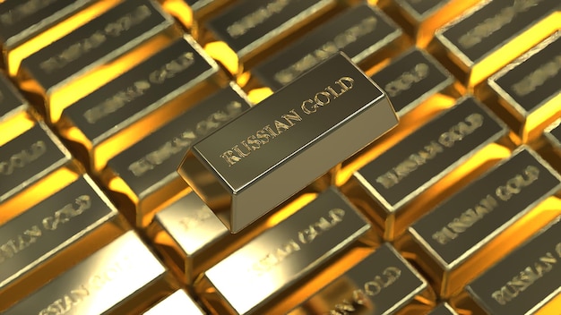 Gold in bullion in a large volume of the inscription Russian gold gold fund 3d render