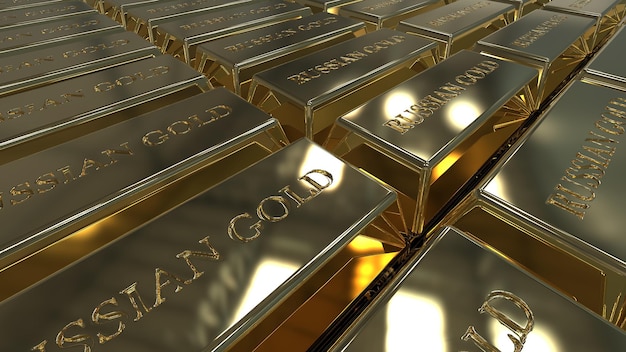 Gold in bullion in a large volume of the inscription Russian gold gold fund 3d render