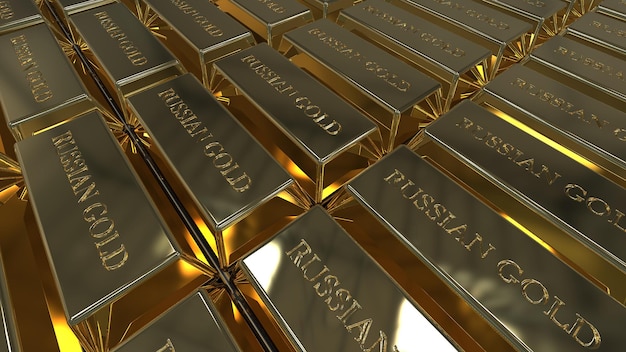 Gold in bullion in a large volume of the inscription Russian gold gold fund 3d render