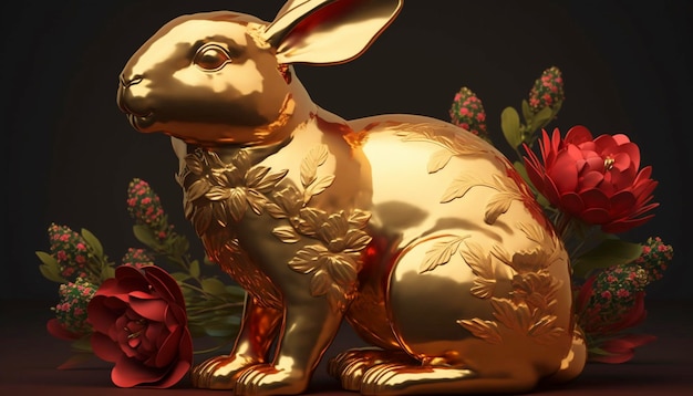 Gold bunny rabbit with red flowers Chinese new year Generative AI