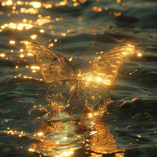 Gold butterfly sitting on ocean water light gold and gold AI Generated Image