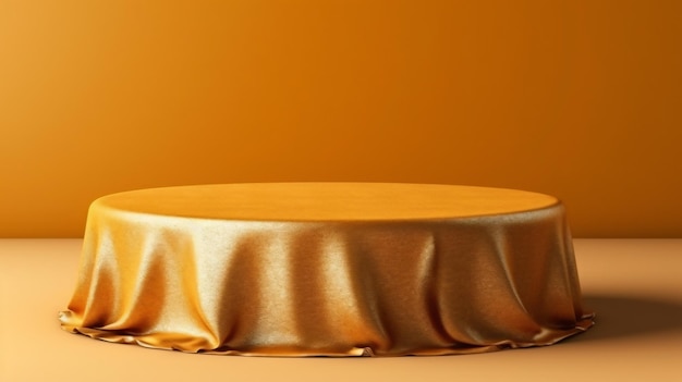 A gold cake with a gold ribbon on top.