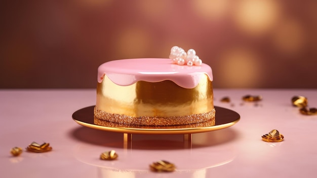 A gold cake with a pink icing on top