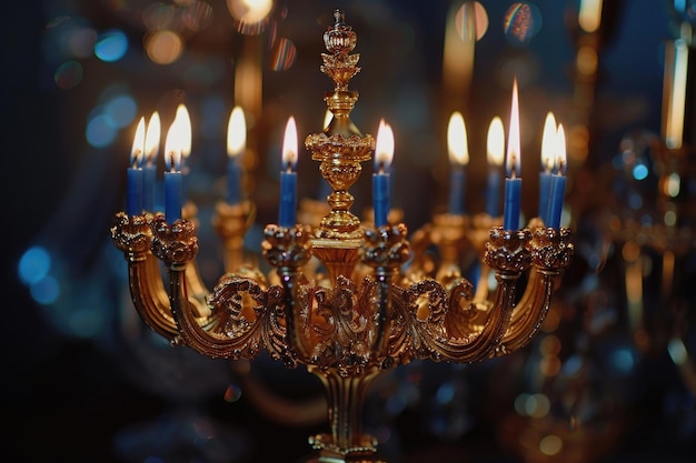 Gold candelabra with lit candles on it