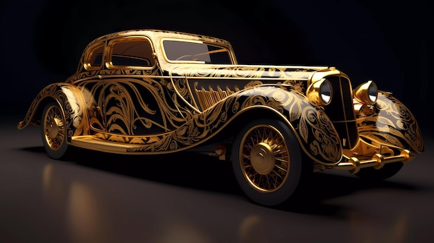 A gold car with a gold design on the front.