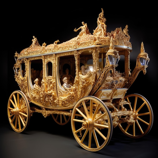 A gold carriage with people sitting on the top of it