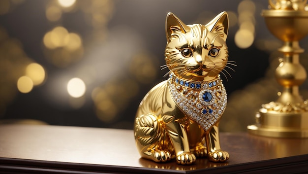 Photo a gold cat figurine with blue and white jewels around its neck is sitting on a table