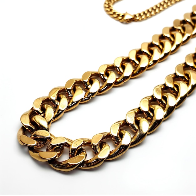 Gold chain necklace isolated on white background Close up of golden chain necklace