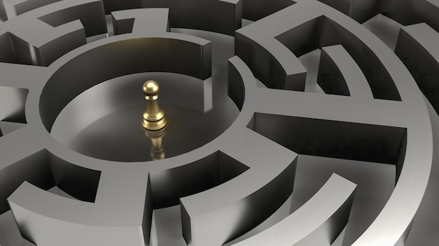 The gold chess in maze for business concept 3d rendering