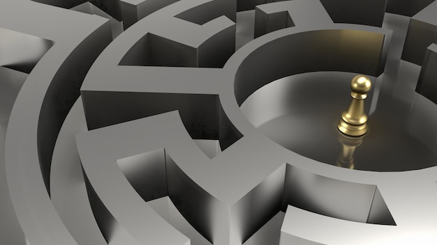 The gold chess in maze for business concept 3d rendering