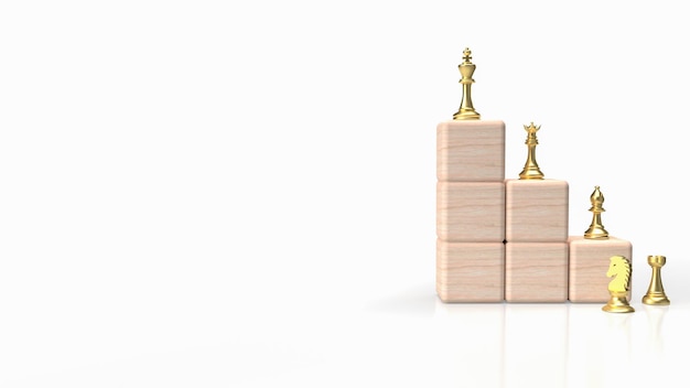 The gold chess on stair wood cube on white Background 3d rendering