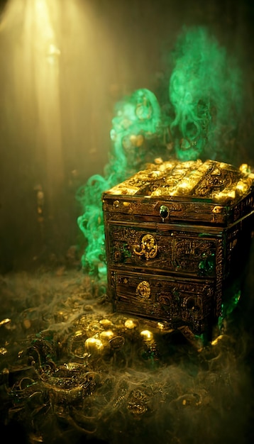 Gold chest sitting on top of a pile of gold coins generative ai