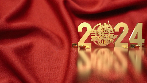 The gold Chinese money and dragon zodiac for 2024 year 3d rendering