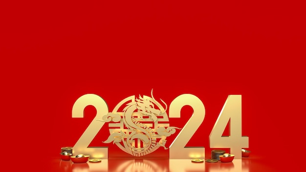 The gold Chinese money and dragon zodiac for 2024 year 3d rendering