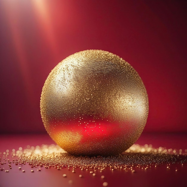 a gold christmas ball with a red background with a red background