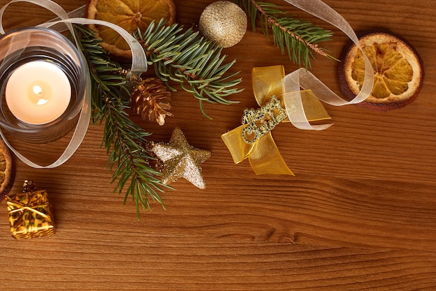 Gold christmas decorations with fir branches